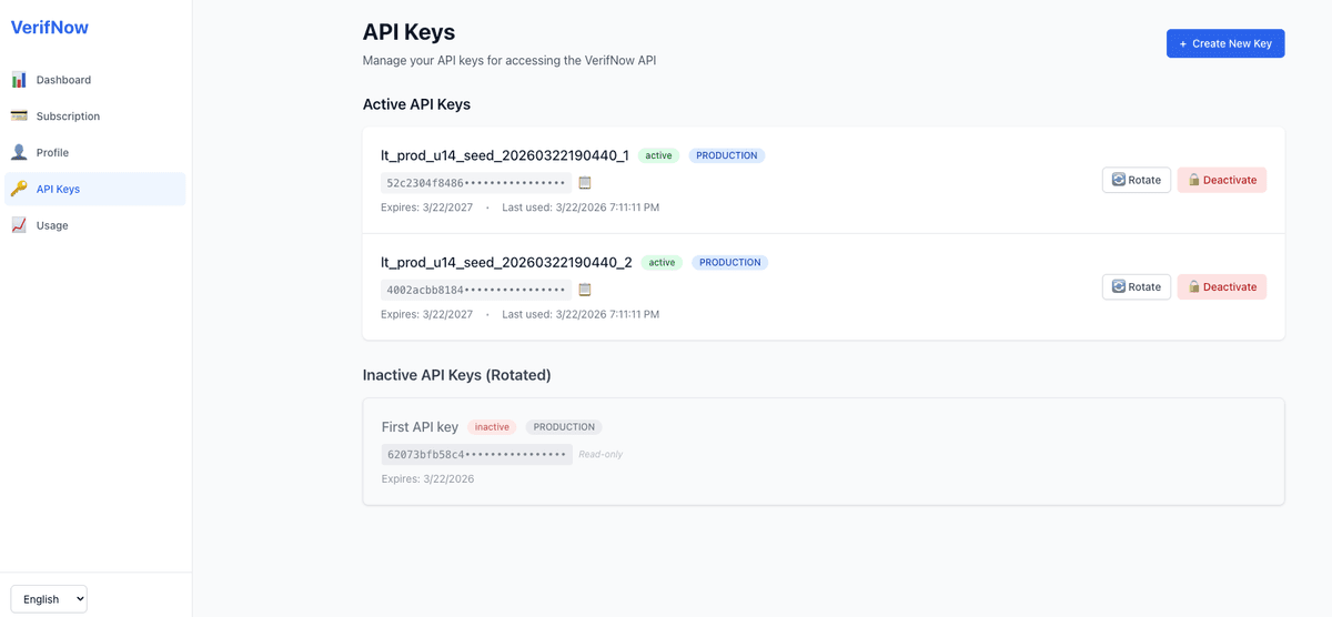 Página del panel del cliente para gestionar claves API.