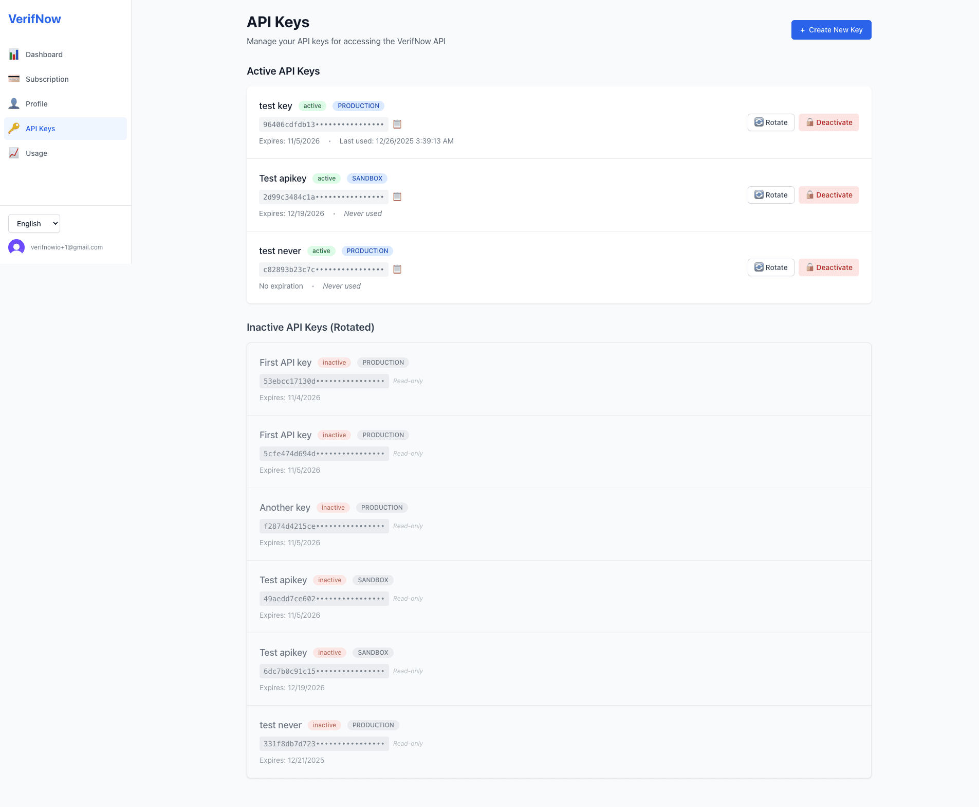 Client dashboard page to manage API keys.
